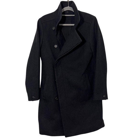 AllSaints Banner Coat Mens S Black Italian Wool Blend High Neck Overcoat Classic